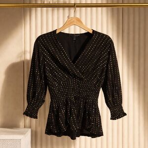 Harve Benard Black Blouse with Gold Dot Print